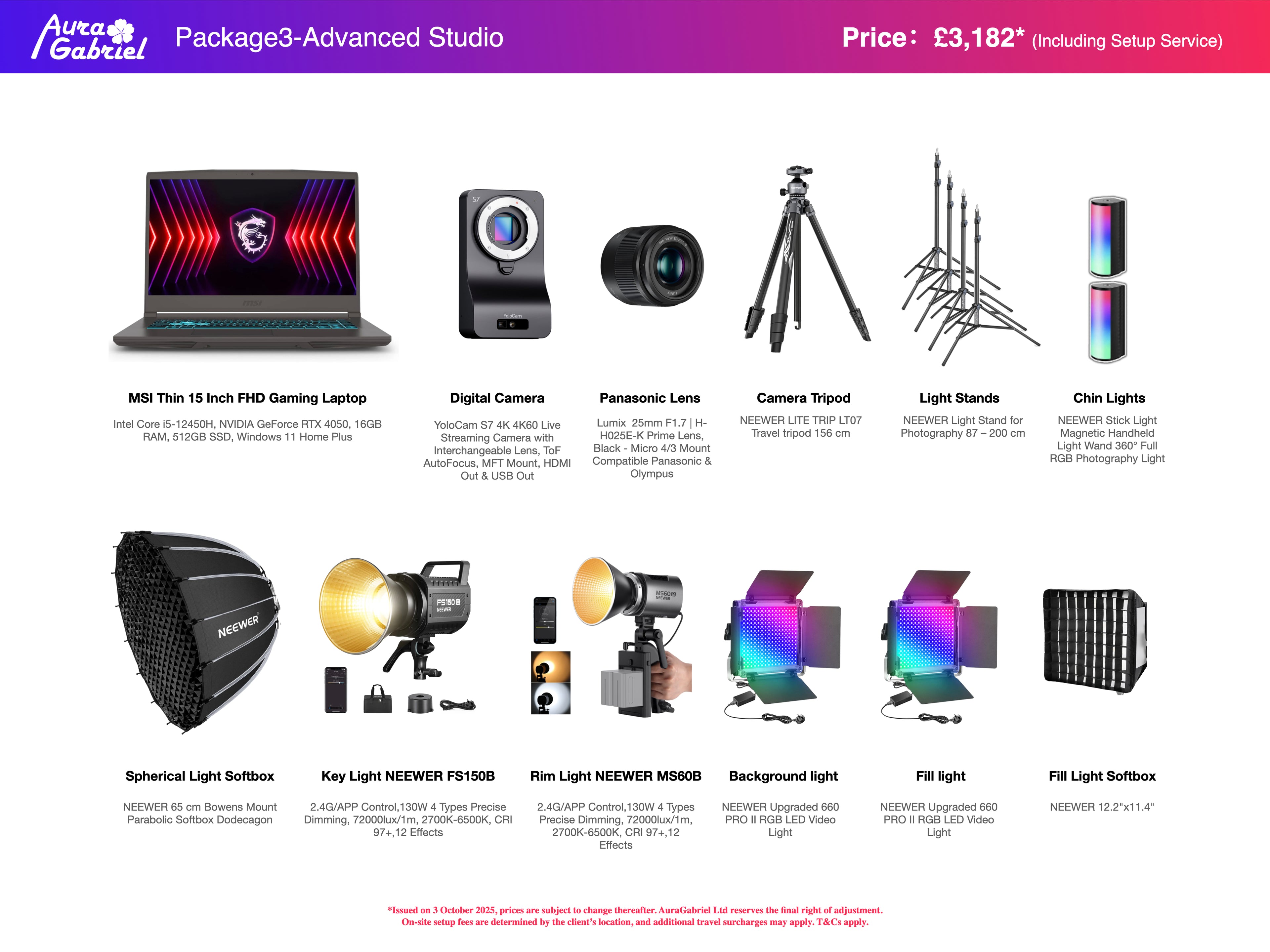 Package3-Advanced Studio product lineup with laptop, camera, lens, tripods, lights, and software on a white background.