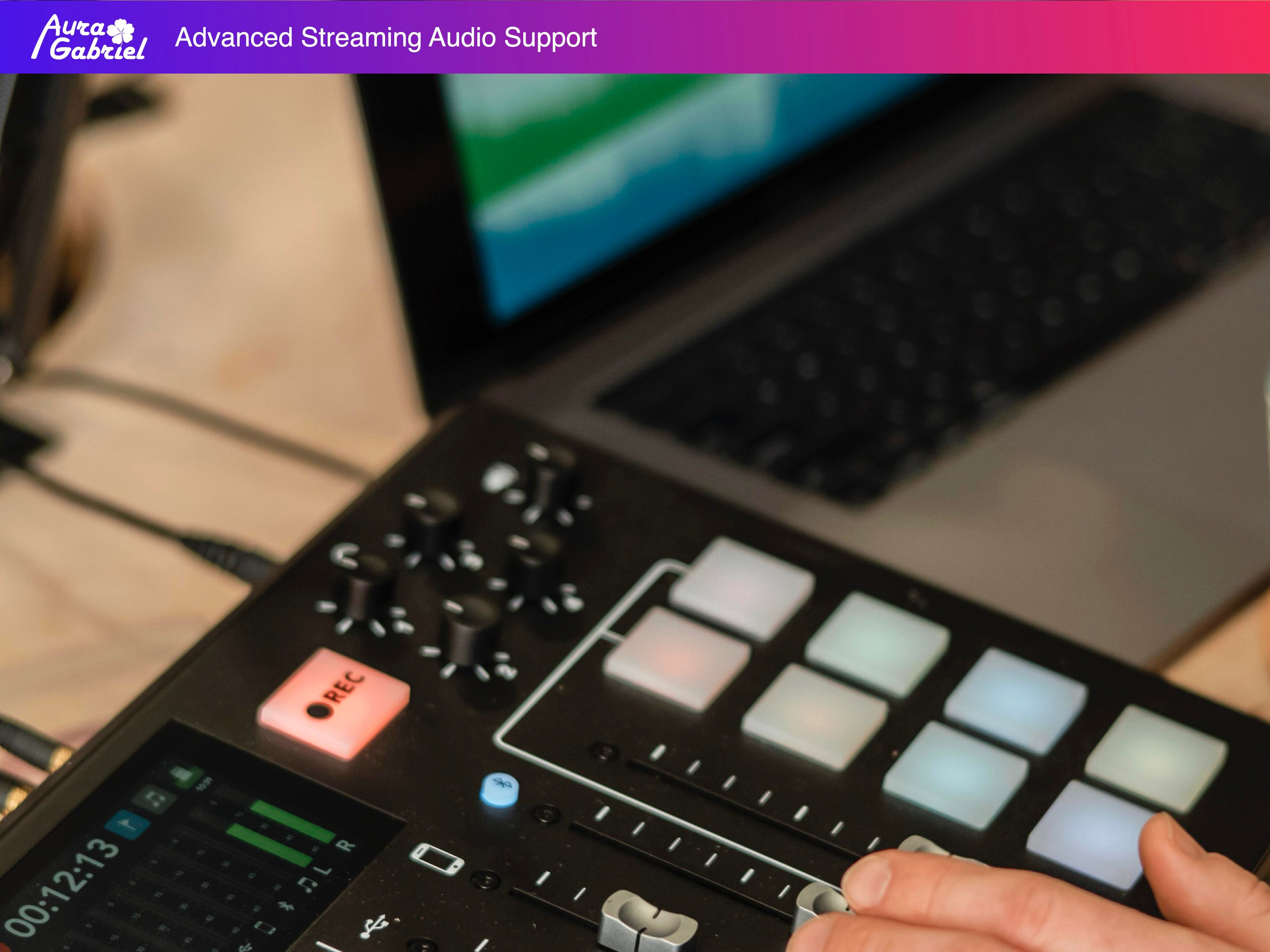 Music production controller with digital display and buttons, blurred background