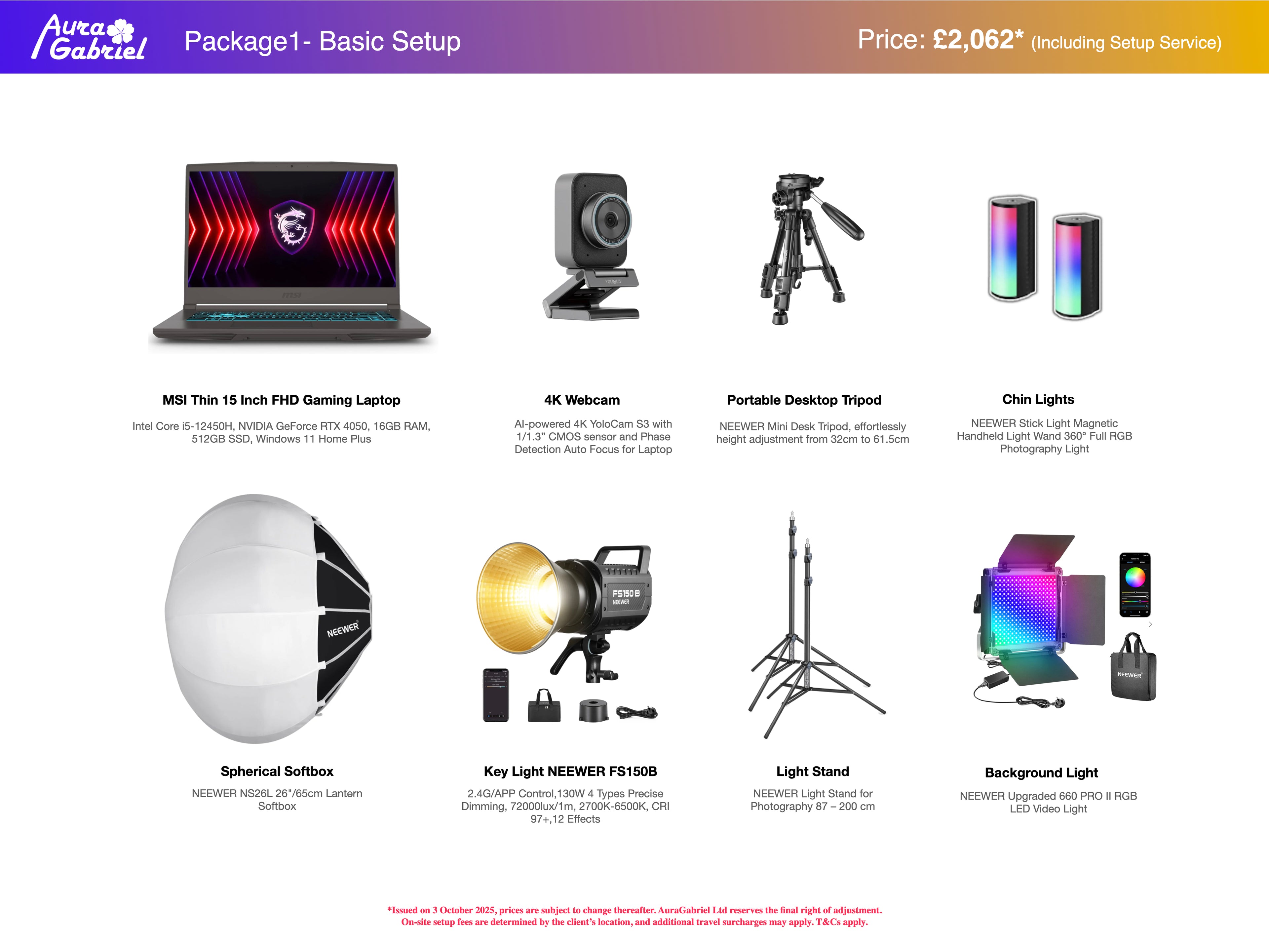 Package1 Basic Setup with laptop, webcam, tripods, and lighting equipment on a white background