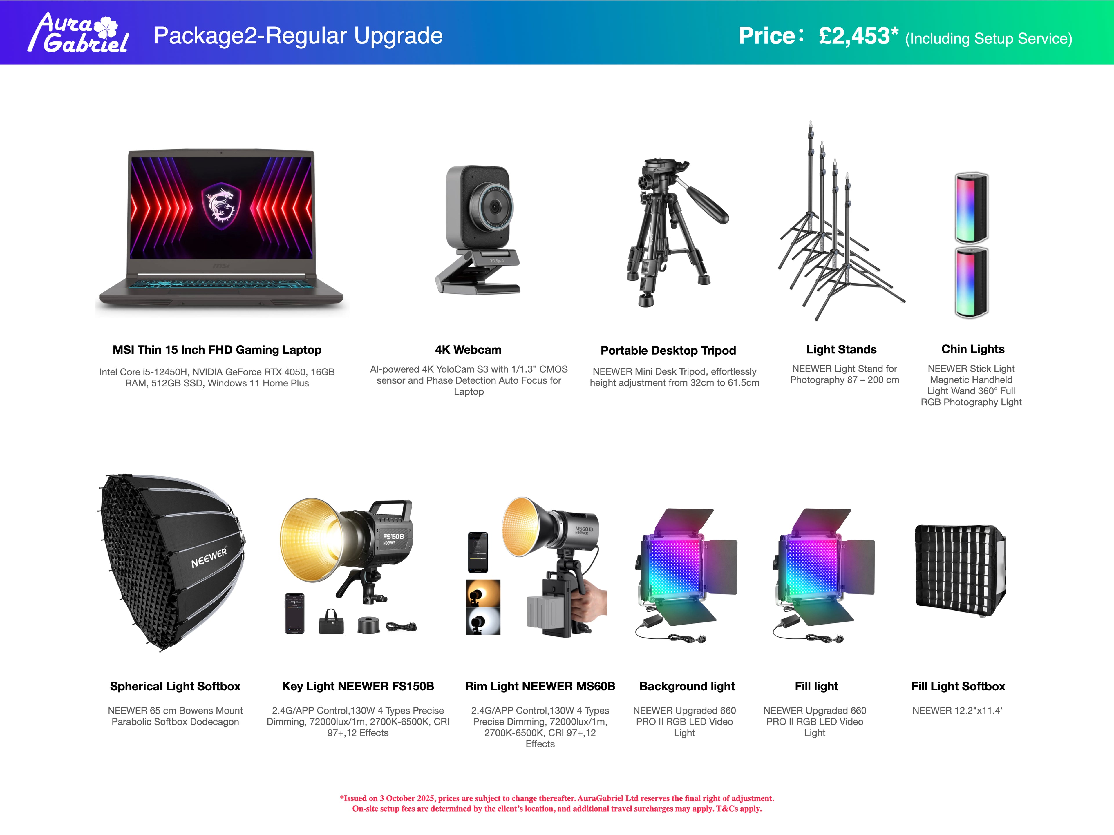Product package with laptop, webcam, tripod, light stands, and various lighting equipment with detailed specifications.