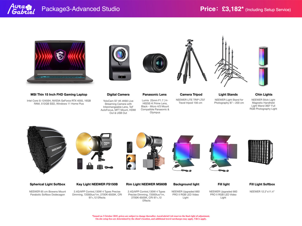 Package3-Advanced Studio product lineup with laptop, camera, lens, tripods, lights, and software on a white background.