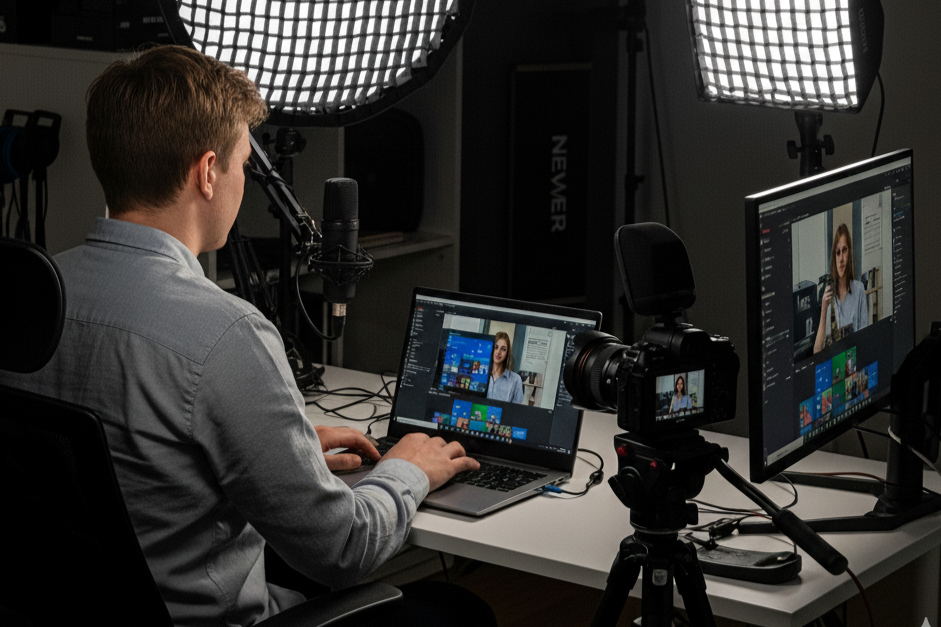 Person in a home office setup with video production equipment, including lights and cameras.