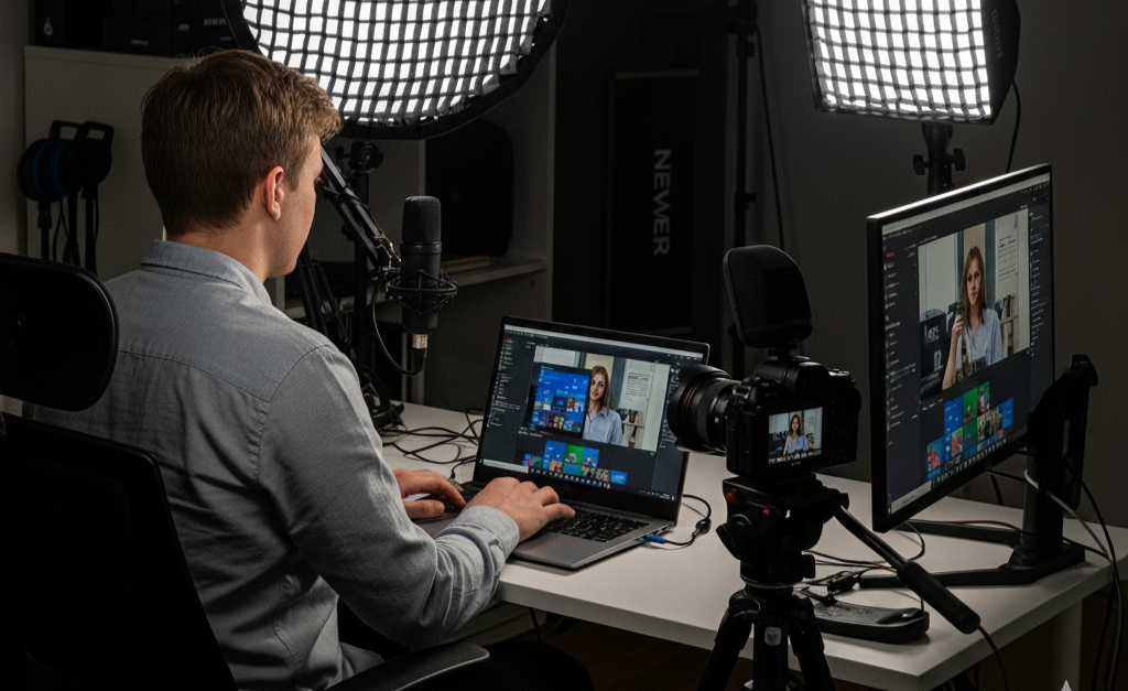 Person in a home office setup with video production equipment, including lights and cameras.