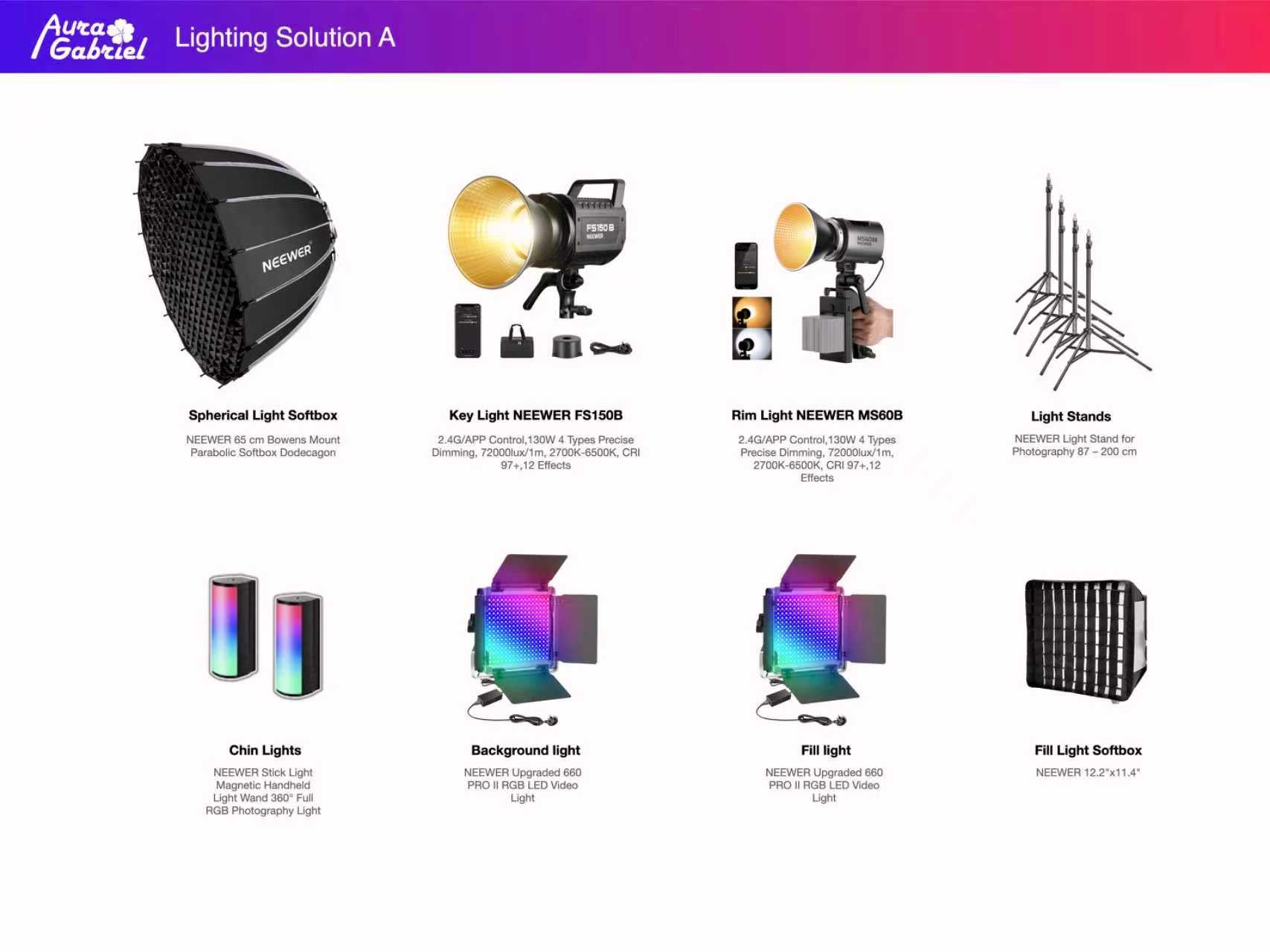 Collection of photography lighting equipment with brand logo at the top.
