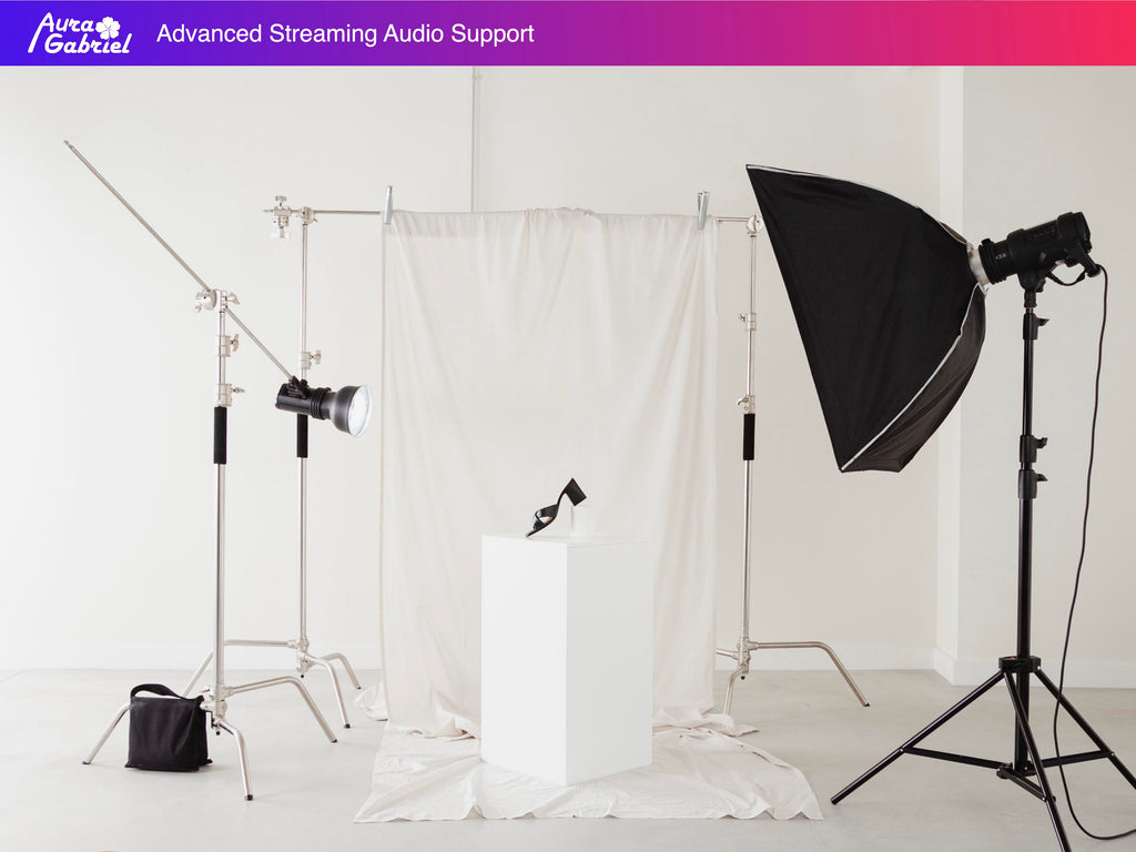 Photography studio setup with lighting equipment on a white background