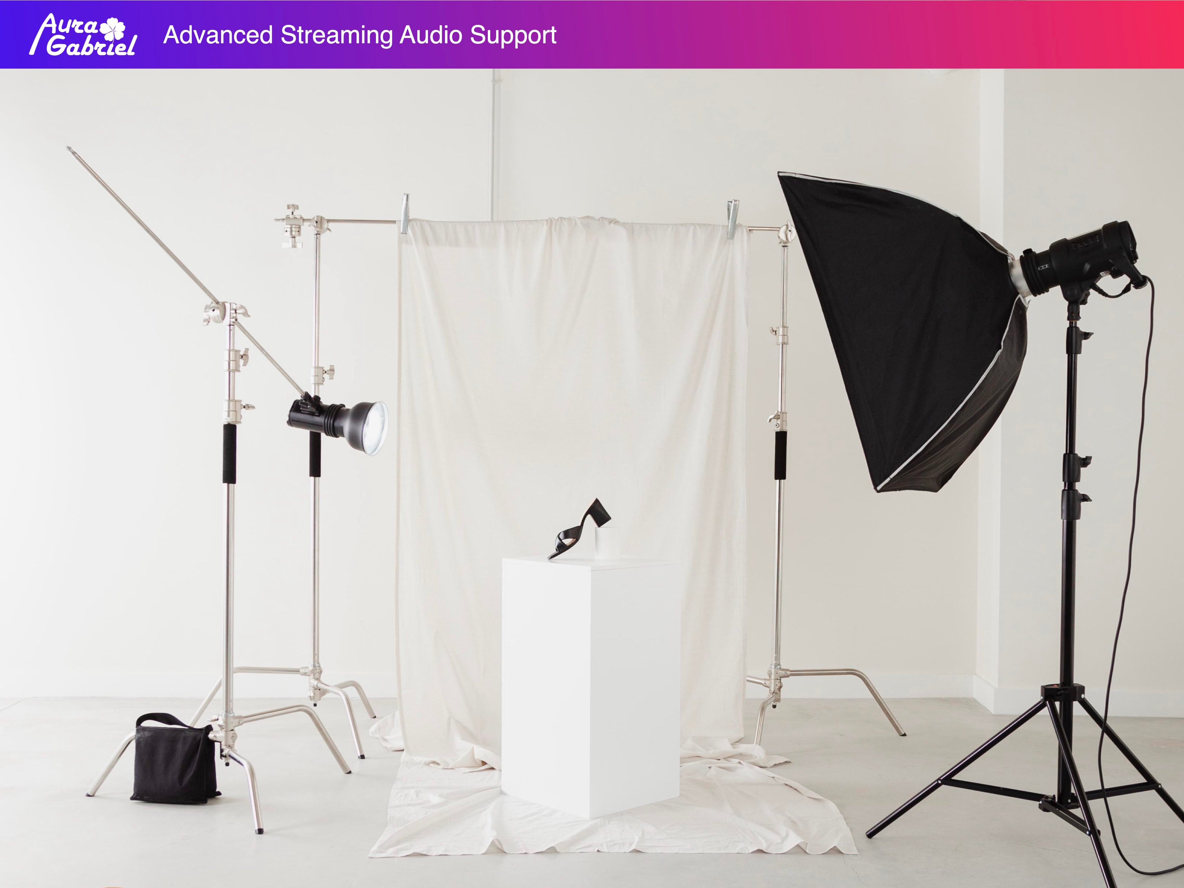 Photography studio setup with lighting equipment on a white background